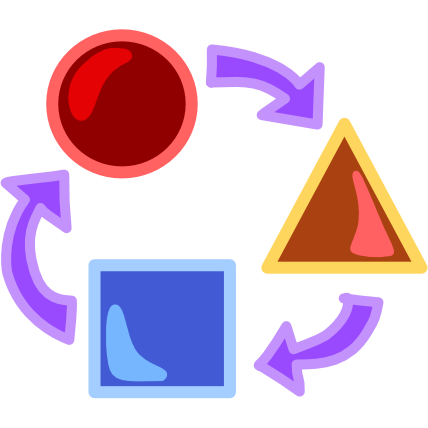 A red circle, a yellow triangle, and a blue square are arranged in a circle with curved purple arrows pointing  between them. The image has light line art.